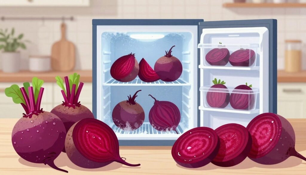 A comparative illustration depicting the freezing processes of raw and cooked beets. In the foreground, a visually striking split image: on one side, vibrant fresh raw beets with dew drops, showcasing their rich purple color, while on the other side, perfectly cooked, sliced beets with a slightly glossy sheen. In the middle, a clear, icy representation of a freezer with raw beets on one shelf and cooked beets in containers on another, with frost forming around them. The background features a soft-focus kitchen environment, warmly lit, emphasizing a homely atmosphere. The overall mood is informative and inviting, conveying the theme of food preservation with a balanced and engaging composition. A comparative illustration depicting the freezing processes of raw and cooked beets. In the foreground, a visually striking split image: on one side, vibrant fresh raw beets with dew drops, showcasing their rich purple color, while on the other side, perfectly cooked, sliced beets with a slightly glossy sheen. In the middle, a clear, icy representation of a freezer with raw beets on one shelf and cooked beets in containers on another, with frost forming around them. The background features a soft-focus kitchen environment, warmly lit, emphasizing a homely atmosphere. The overall mood is informative and inviting, conveying the theme of food preservation with a balanced and engaging composition.