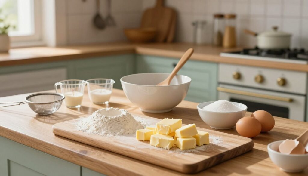 A cozy kitchen countertop filled with meticulously arranged ingredients for making shortcrust pastry. In the foreground, a wooden board displays flour, finely chopped cold butter, a bowl of sugar, and a cracked egg. The middle section features a mixing bowl with a wooden spoon, surrounded by measuring cups and a sifter, softly lit by morning sunlight streaming through a window, creating warm shadows. In the background, a vintage kitchen with pastel-colored walls, an oven, and baking tools hung neatly on the wall. The atmosphere is inviting and calm, evoking a sense of creativity in baking preparation, with a focus on precision and care in ingredient selection. A cozy kitchen countertop filled with meticulously arranged ingredients for making shortcrust pastry. In the foreground, a wooden board displays flour, finely chopped cold butter, a bowl of sugar, and a cracked egg. The middle section features a mixing bowl with a wooden spoon, surrounded by measuring cups and a sifter, softly lit by morning sunlight streaming through a window, creating warm shadows. In the background, a vintage kitchen with pastel-colored walls, an oven, and baking tools hung neatly on the wall. The atmosphere is inviting and calm, evoking a sense of creativity in baking preparation, with a focus on precision and care in ingredient selection.