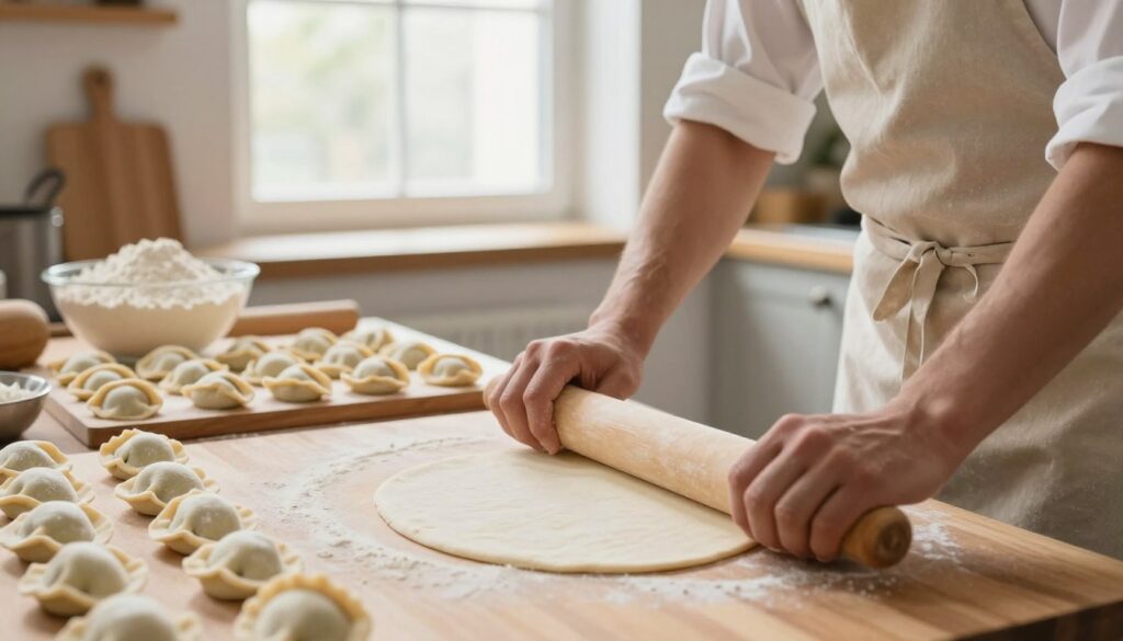 A cozy kitchen scene featuring a professional-looking workspace where a chef is carefully preparing dough for pierogi. In the foreground, the chef, dressed in a neat apron, is rolling out a smooth, white dough on a wooden surface, ensuring it’s even and thin. In the middle, a small counter holds a bowl of flour and a mound of uncooked pierogi, beautifully shaped but not yet filled. Behind, a bright window allows soft, natural light to flood the scene, highlighting the textures of the dough and the warm tones of the kitchen. The atmosphere is inviting and warm, emphasizing a sense of careful preparation and culinary mastery, capturing the essence of freezing and thawing dough without cracking. A cozy kitchen scene featuring a professional-looking workspace where a chef is carefully preparing dough for pierogi. In the foreground, the chef, dressed in a neat apron, is rolling out a smooth, white dough on a wooden surface, ensuring it’s even and thin. In the middle, a small counter holds a bowl of flour and a mound of uncooked pierogi, beautifully shaped but not yet filled. Behind, a bright window allows soft, natural light to flood the scene, highlighting the textures of the dough and the warm tones of the kitchen. The atmosphere is inviting and warm, emphasizing a sense of careful preparation and culinary mastery, capturing the essence of freezing and thawing dough without cracking.