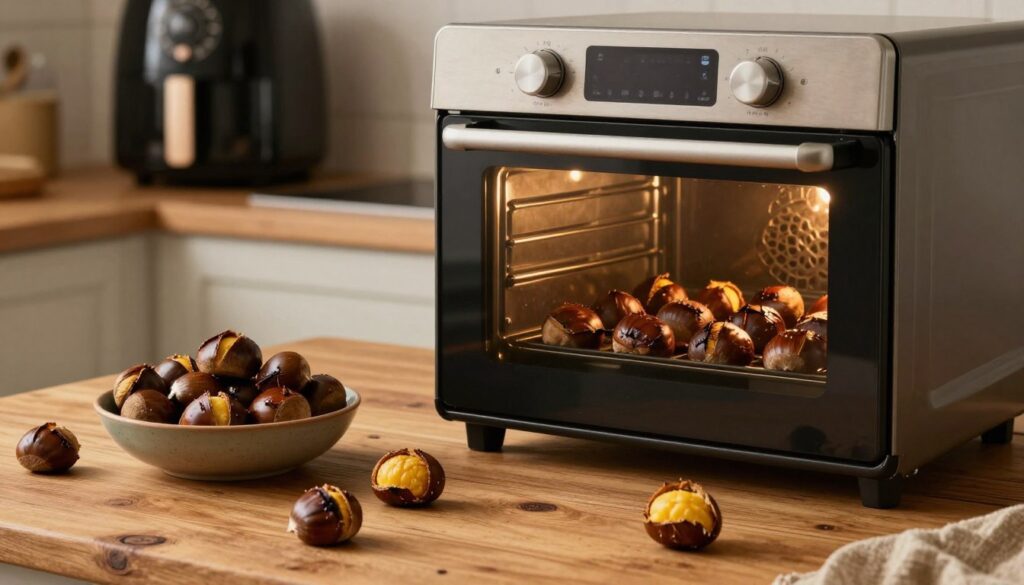 A cozy kitchen scene, featuring a stylish oven with roasted chestnuts inside, their brown shells glistening and slightly cracked open. In the foreground, a rustic wooden table is adorned with a bowl of freshly roasted chestnuts, with some scattered about, revealing their soft, golden insides. Ambient lighting casts a warm glow, highlighting the textures of the chestnuts and the wooden table. In the background, an air fryer sits on a countertop, showcasing healthy cooking methods. The environment feels inviting and homely, evoking the rich aromas of roasted nuts and comfort food, perfect for a chilly day. Capture the essence of autumn cooking, emphasizing warmth and deliciousness, with a focus on the chestnuts as the star of the image. A cozy kitchen scene, featuring a stylish oven with roasted chestnuts inside, their brown shells glistening and slightly cracked open. In the foreground, a rustic wooden table is adorned with a bowl of freshly roasted chestnuts, with some scattered about, revealing their soft, golden insides. Ambient lighting casts a warm glow, highlighting the textures of the chestnuts and the wooden table. In the background, an air fryer sits on a countertop, showcasing healthy cooking methods. The environment feels inviting and homely, evoking the rich aromas of roasted nuts and comfort food, perfect for a chilly day. Capture the essence of autumn cooking, emphasizing warmth and deliciousness, with a focus on the chestnuts as the star of the image.