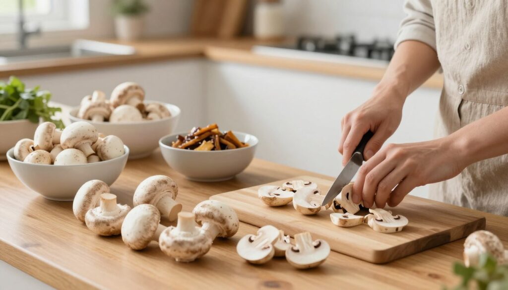 A cozy kitchen scene, featuring a wooden countertop filled with fresh, unwashed mushrooms, expertly arranged for freezing preparation. In the foreground, a person in a modest casual outfit is carefully cleaning and slicing the mushrooms, with a knife and cutting board visible. The middle includes bowls of prepared mushrooms, some blanched and others sautéed, ready for the freezer. In the background, a well-organized kitchen with bright, soft lighting enhances the inviting atmosphere, capturing a sense of homely warmth and culinary activity. The focus is sharp on the mushrooms and the preparation process, with a shallow depth of field adding a soft blur to the surroundings, conveying a moment of kitchen creativity and food preservation. A cozy kitchen scene, featuring a wooden countertop filled with fresh, unwashed mushrooms, expertly arranged for freezing preparation. In the foreground, a person in a modest casual outfit is carefully cleaning and slicing the mushrooms, with a knife and cutting board visible. The middle includes bowls of prepared mushrooms, some blanched and others sautéed, ready for the freezer. In the background, a well-organized kitchen with bright, soft lighting enhances the inviting atmosphere, capturing a sense of homely warmth and culinary activity. The focus is sharp on the mushrooms and the preparation process, with a shallow depth of field adding a soft blur to the surroundings, conveying a moment of kitchen creativity and food preservation.