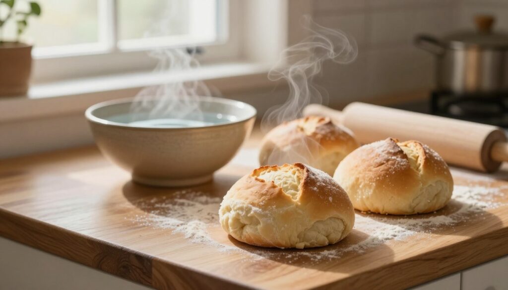 A cozy kitchen scene featuring freshly baked bread rolls placed on a wooden kitchen counter, partially thawing at room temperature. The foreground includes a close-up of a warm, fluffy roll with steam gently rising, revealing its soft texture. In the middle, a rustic bowl filled with water, symbolizing the ideal thawing method, while scattered flour and a rolling pin hint at the baking process. The background showcases a sunlit window with soft curtains, creating a warm and inviting atmosphere. The soft, natural lighting enhances the colors of the bread and the wooden surface, evoking a feeling of comfort and homeliness. The image is crafted with a shallow depth of field, focusing on the rolls while softly blurring the background elements to emphasize the subject.