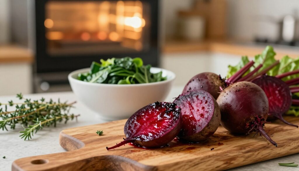 A cozy kitchen scene featuring freshly roasted beets, placed artistically on a rustic wooden cutting board. The foreground showcases vibrant, glistening beets, with their deep red and earthy tones contrasting beautifully against the natural wood. In the middle, a bowl of beet greens adds a pop of green, emphasizing the vegetables' freshness. The background includes a softly lit oven, suggesting warmth, with herbs like thyme and rosemary scattered around, hinting at their culinary uses. The lighting is warm and inviting, creating an atmosphere of comfort and homeliness, reminiscent of a welcoming kitchen. The composition should evoke a sense of deliciousness and health, focusing on the culinary potential of roasted beets. A cozy kitchen scene featuring freshly roasted beets, placed artistically on a rustic wooden cutting board. The foreground showcases vibrant, glistening beets, with their deep red and earthy tones contrasting beautifully against the natural wood. In the middle, a bowl of beet greens adds a pop of green, emphasizing the vegetables' freshness. The background includes a softly lit oven, suggesting warmth, with herbs like thyme and rosemary scattered around, hinting at their culinary uses. The lighting is warm and inviting, creating an atmosphere of comfort and homeliness, reminiscent of a welcoming kitchen. The composition should evoke a sense of deliciousness and health, focusing on the culinary potential of roasted beets.