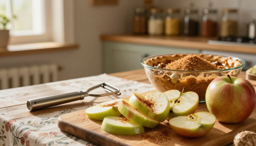 A cozy kitchen scene featuring the preparation of apple filling for a pie. In the foreground, vivid, freshly sliced green and red apples glisten with a sprinkle of cinnamon and sugar, resting on a wooden cutting board. A stainless steel peeler lies beside the apples, while a mixing bowl filled with brown sugar, cinnamon, and nutmeg sits ready for use. In the middle ground, a rustic wooden table adorned with a patterned tablecloth creates a warm, inviting atmosphere. A soft, golden light flows through a nearby window, illuminating the scene and casting gentle shadows. In the background, shelves filled with jars of spices and baking ingredients evoke a sense of homey comfort, enhancing the mood of culinary creativity and tradition. A cozy kitchen scene featuring the preparation of apple filling for a pie. In the foreground, vivid, freshly sliced green and red apples glisten with a sprinkle of cinnamon and sugar, resting on a wooden cutting board. A stainless steel peeler lies beside the apples, while a mixing bowl filled with brown sugar, cinnamon, and nutmeg sits ready for use. In the middle ground, a rustic wooden table adorned with a patterned tablecloth creates a warm, inviting atmosphere. A soft, golden light flows through a nearby window, illuminating the scene and casting gentle shadows. In the background, shelves filled with jars of spices and baking ingredients evoke a sense of homey comfort, enhancing the mood of culinary creativity and tradition.