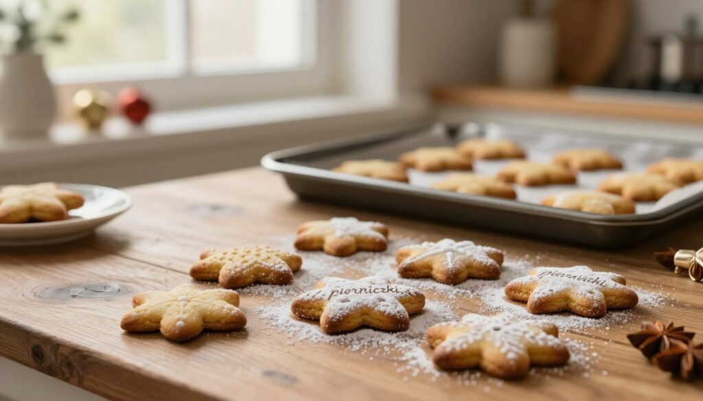 A cozy kitchen scene focused on deliciously baked gingerbread cookies, known as "pierniczki," resting on a rustic wooden table. In the foreground, the cookies are artistically arranged, showcasing their golden-brown surface with a dusting of powdered sugar. The middle ground features a baking tray with a few cookies still warm, hinting at their perfect doneness after being baked at 160°C. In the background, soft, warm light filters through a window, casting a gentle glow on the scene and creating an inviting atmosphere. Delicate Christmas decorations and spices are tastefully arranged on a nearby shelf, enhancing the festive mood. The overall composition conveys warmth and the comforting aroma of freshly baked treats, ideal for illustrating the concept of achieving perfect softness in gingerbread baking. A cozy kitchen scene focused on deliciously baked gingerbread cookies, known as "pierniczki," resting on a rustic wooden table. In the foreground, the cookies are artistically arranged, showcasing their golden-brown surface with a dusting of powdered sugar. The middle ground features a baking tray with a few cookies still warm, hinting at their perfect doneness after being baked at 160°C. In the background, soft, warm light filters through a window, casting a gentle glow on the scene and creating an inviting atmosphere. Delicate Christmas decorations and spices are tastefully arranged on a nearby shelf, enhancing the festive mood. The overall composition conveys warmth and the comforting aroma of freshly baked treats, ideal for illustrating the concept of achieving perfect softness in gingerbread baking.