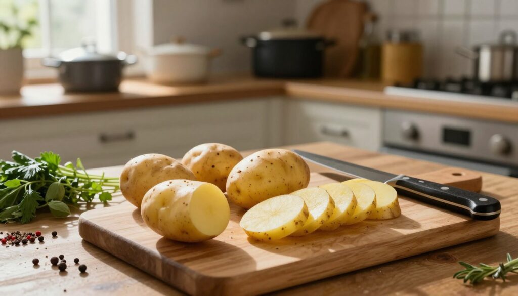 A cozy kitchen scene focused on preparing potatoes for baking. In the foreground, a wooden cutting board displays various potato preparations—whole, halved into boats, and sliced into rounds. A sharp knife rests beside them, glistening under warm kitchen light. In the middle, a rustic kitchen countertop is adorned with colorful spices, fresh herbs, and oil ready for seasoning. In the background, soft-focus shelves hold pots and pans, enhancing the homey atmosphere. Natural light filters through a nearby window, casting gentle shadows and creating a warm, inviting mood. The overall composition conveys a sense of preparation and anticipation for a delicious meal. The image is detailed and vibrant, showcasing the textures of the potatoes and the kitchen environment. A cozy kitchen scene focused on preparing potatoes for baking. In the foreground, a wooden cutting board displays various potato preparations—whole, halved into boats, and sliced into rounds. A sharp knife rests beside them, glistening under warm kitchen light. In the middle, a rustic kitchen countertop is adorned with colorful spices, fresh herbs, and oil ready for seasoning. In the background, soft-focus shelves hold pots and pans, enhancing the homey atmosphere. Natural light filters through a nearby window, casting gentle shadows and creating a warm, inviting mood. The overall composition conveys a sense of preparation and anticipation for a delicious meal. The image is detailed and vibrant, showcasing the textures of the potatoes and the kitchen environment.