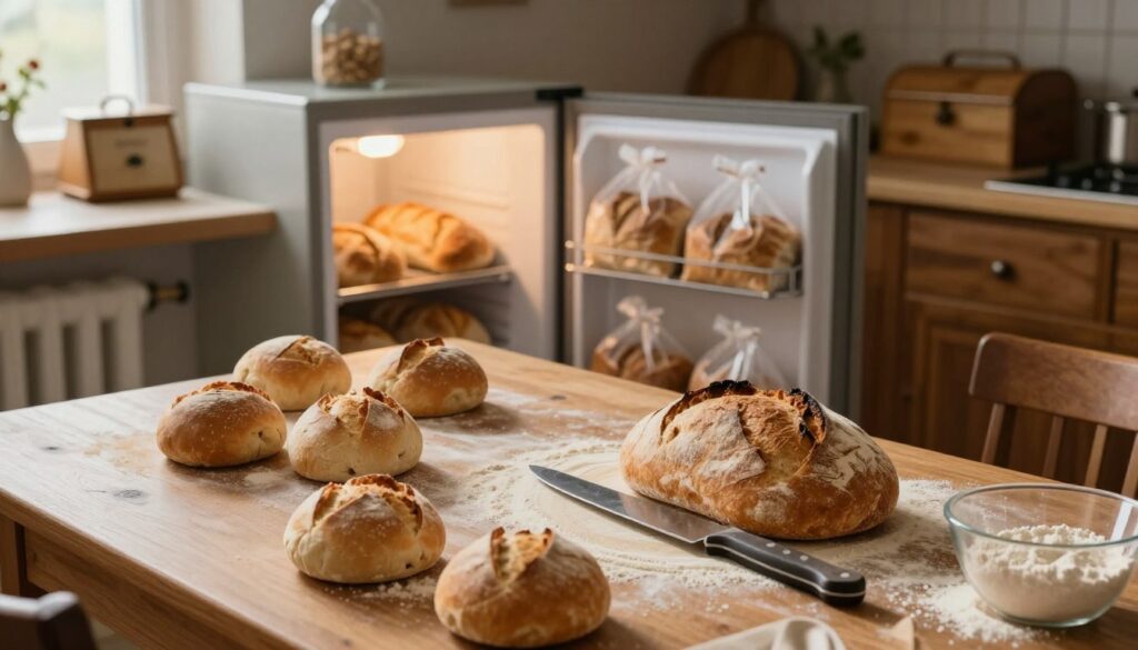 A cozy kitchen scene focused on the preparation of bread for freezing. In the foreground, a wooden table is cluttered with freshly baked rolls, a loaf of crusty bread, and a sharp knife slicing into the crust. A bowl of flour and a measuring cup are nearby, hinting at the baking process. In the middle, an open freezer door reveals neatly arranged bags of bread, indicating the storage process. Soft, warm lighting streams in from a window, highlighting the golden crust of the bread and the textures of the table. The background features a rustic kitchen with wooden cabinets and a vintage bread box, creating a homey and inviting atmosphere. The angle is slightly elevated to capture the entire scene without any text or distractions.
