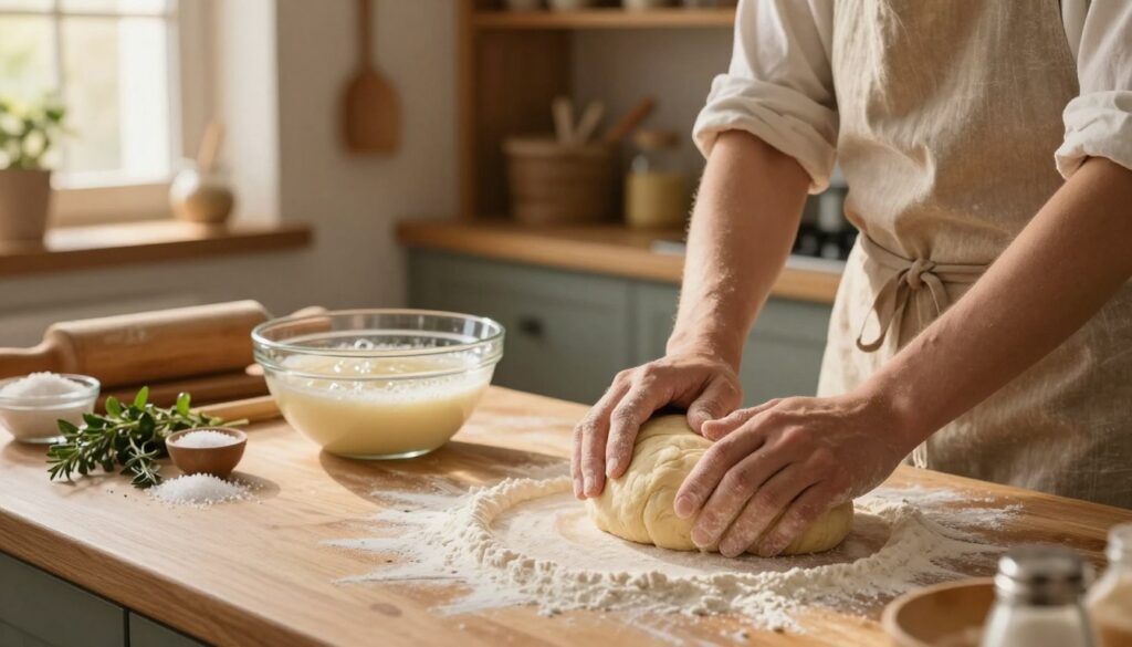 A cozy kitchen scene focusing on the preparation of dough and starter for bread-making. In the foreground, a wooden countertop is adorned with flour, where a baker in a simple, modest apron kneads a golden-brown ball of dough, demonstrating the tactile engagement of the process. In the middle, a glass bowl showcases a bubbling yeast starter, its surface glistening under soft, warm lighting, while nearby, a scattering of ingredients like salt, sugar, and fresh herbs add color. In the background, wooden shelves filled with baking tools and ingredients create a rustic atmosphere, with a gentle sunlight streaming through a window, casting a golden glow. The overall mood is inviting and warm, capturing the essence of the art of baking bread. A cozy kitchen scene focusing on the preparation of dough and starter for bread-making. In the foreground, a wooden countertop is adorned with flour, where a baker in a simple, modest apron kneads a golden-brown ball of dough, demonstrating the tactile engagement of the process. In the middle, a glass bowl showcases a bubbling yeast starter, its surface glistening under soft, warm lighting, while nearby, a scattering of ingredients like salt, sugar, and fresh herbs add color. In the background, wooden shelves filled with baking tools and ingredients create a rustic atmosphere, with a gentle sunlight streaming through a window, casting a golden glow. The overall mood is inviting and warm, capturing the essence of the art of baking bread.