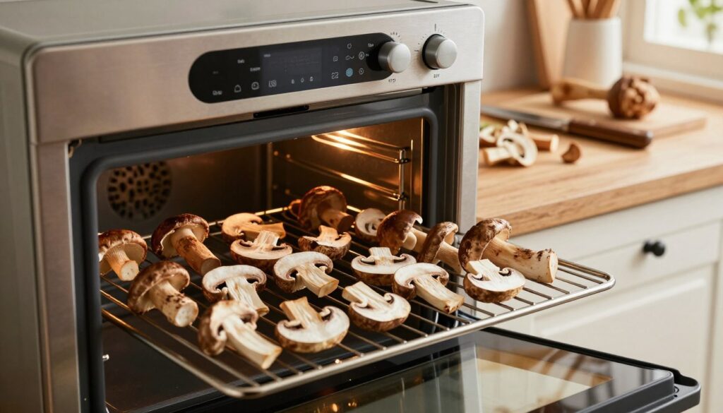 A cozy kitchen scene showcasing the process of drying mushrooms in a modern oven with convection settings. In the foreground, a close-up view of various freshly sliced mushrooms, such as porcini and chanterelles, arranged on an oven rack. The middle ground features an oven with its door slightly open, illuminated by warm light, highlighting the mushrooms inside. In the background, a rustic wooden countertop with additional ingredients and kitchen tools, such as a knife and cutting board, adds context. Soft, natural light streams in from a nearby window, creating a warm and inviting atmosphere. The camera angle is slightly above eye level, capturing the inviting essence of home cooking with an emphasis on preserving the aroma and freshness of the mushrooms. A cozy kitchen scene showcasing the process of drying mushrooms in a modern oven with convection settings. In the foreground, a close-up view of various freshly sliced mushrooms, such as porcini and chanterelles, arranged on an oven rack. The middle ground features an oven with its door slightly open, illuminated by warm light, highlighting the mushrooms inside. In the background, a rustic wooden countertop with additional ingredients and kitchen tools, such as a knife and cutting board, adds context. Soft, natural light streams in from a nearby window, creating a warm and inviting atmosphere. The camera angle is slightly above eye level, capturing the inviting essence of home cooking with an emphasis on preserving the aroma and freshness of the mushrooms.