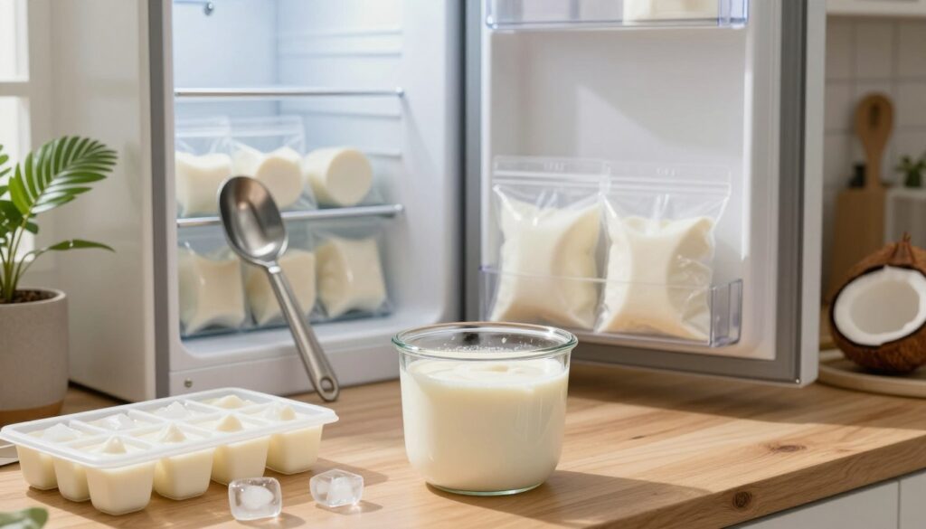 A cozy kitchen scene showcasing the process of freezing coconut milk. In the foreground, a glass container filled with creamy coconut milk sits on a wooden countertop, surrounded by ice cube trays filled with the same milk, glistening as if just taken from the freezer. The middle area features a stylish metal scoop next to an open freezer door, where bags of frozen coconut milk cubes are neatly organized. The background consists of soft, diffused natural light streaming in from a window, illuminating the kitchen’s warm, inviting atmosphere. The decor is modern and minimalistic, with potted tropical plants hinting at the coconut's origin. The overall mood is calm and practical, reflecting a guide to effectively freezing coconut milk.