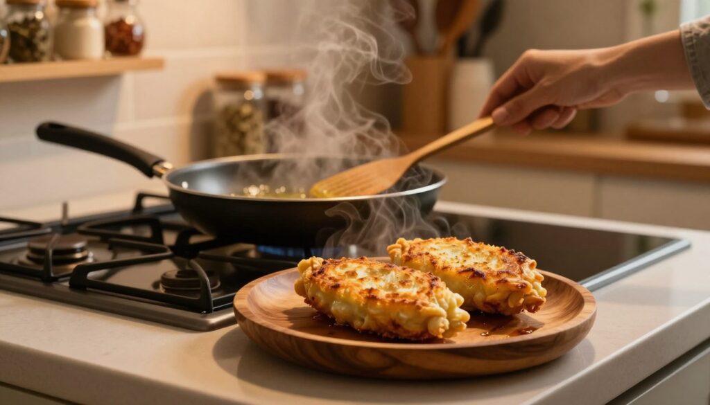 A cozy kitchen scene showcasing the process of reheating krokiety for ideal crispiness. In the foreground, a close-up of two golden, crispy krokiety arranged on a rustic wooden plate, steam gently rising from them. In the middle, a modern stovetop with a frying pan sizzling with oil, and a spatula ready to flip the krokiety. The background features warm, ambient lighting, casting a soft glow over a tidy kitchen with shelves containing various spices and cooking utensils. The atmosphere is inviting and homely, emphasizing culinary warmth and comfort, with soft shadows enhancing the textures of the krokiety and the kitchen setting. A cozy kitchen scene showcasing the process of reheating krokiety for ideal crispiness. In the foreground, a close-up of two golden, crispy krokiety arranged on a rustic wooden plate, steam gently rising from them. In the middle, a modern stovetop with a frying pan sizzling with oil, and a spatula ready to flip the krokiety. The background features warm, ambient lighting, casting a soft glow over a tidy kitchen with shelves containing various spices and cooking utensils. The atmosphere is inviting and homely, emphasizing culinary warmth and comfort, with soft shadows enhancing the textures of the krokiety and the kitchen setting.