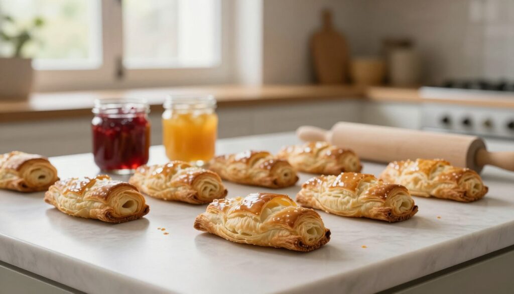 A cozy kitchen scene with a focus on a neatly arranged countertop displaying freshly baked pastries made from puff pastry. In the foreground, showcase a flaked open pastry to emphasize its light and airy texture. In the middle ground, include a few jars of fruit preserves and a rolling pin, subtly suggesting the preparation process. The background features a softly lit kitchen with warm, natural light streaming through a window, adding a homely atmosphere. The overall mood should feel inviting and relaxed, ideal for a cooking environment. Use a shallow depth of field to keep the focus on the pastries while maintaining the kitchen's charming details. A cozy kitchen scene with a focus on a neatly arranged countertop displaying freshly baked pastries made from puff pastry. In the foreground, showcase a flaked open pastry to emphasize its light and airy texture. In the middle ground, include a few jars of fruit preserves and a rolling pin, subtly suggesting the preparation process. The background features a softly lit kitchen with warm, natural light streaming through a window, adding a homely atmosphere. The overall mood should feel inviting and relaxed, ideal for a cooking environment. Use a shallow depth of field to keep the focus on the pastries while maintaining the kitchen's charming details.