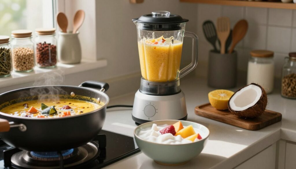 A cozy, well-lit kitchen scene, showcasing a variety of dishes prepared using frozen coconut milk. In the foreground, a small bowl filled with whipped coconut milk, topped with fresh fruit. To the left, there’s a cooking pot simmering with a creamy coconut curry. In the middle, a blender filled with a bright smoothie, vibrant colors bursting through. The background features shelves lined with jars of spices and utensils. Soft, warm natural light streams through a window, creating a welcoming atmosphere. The angle is slightly tilted downwards, capturing both the details of the dishes and the inviting kitchen surroundings. The overall mood is homey and culinary-focused, conveying the practical use of frozen coconut milk in everyday cooking.