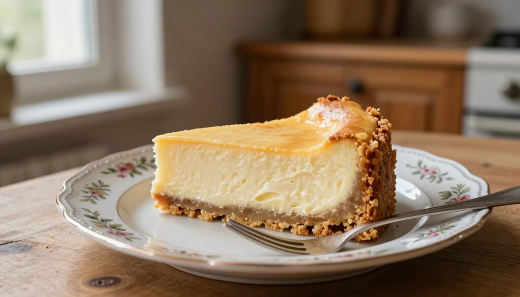 A delicious slice of "sernik na kruchym spodzie" sits elegantly on a delicate porcelain plate with intricate floral designs. The cheesecake features a golden-brown, crumbly crust made from biscuits, with a creamy, smooth filling that glistens softly. In the foreground, a fork rests beside the plate, ready to take a bite. The background features a rustic kitchen setting, with warm wooden cabinets and a light-drenched window, creating an inviting atmosphere. Soft, natural light highlights the texture of the cheesecake and casts gentle shadows. The scene exudes a cozy, homely vibe, perfect for emphasizing the artistry behind this traditional dessert. A delicious slice of "sernik na kruchym spodzie" sits elegantly on a delicate porcelain plate with intricate floral designs. The cheesecake features a golden-brown, crumbly crust made from biscuits, with a creamy, smooth filling that glistens softly. In the foreground, a fork rests beside the plate, ready to take a bite. The background features a rustic kitchen setting, with warm wooden cabinets and a light-drenched window, creating an inviting atmosphere. Soft, natural light highlights the texture of the cheesecake and casts gentle shadows. The scene exudes a cozy, homely vibe, perfect for emphasizing the artistry behind this traditional dessert.
