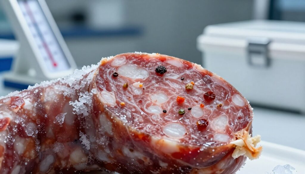 A detailed cross-section of a sausage, displaying its inner structure and texture in a crystalline frozen state. In the foreground, focus on the vibrant hues of the meat and spices, with visible ice crystals forming on the surface, highlighting the effects of low temperature. The middle ground should feature laboratory equipment, like a thermometer reading low temperatures and an icebox, suggesting a scientific analysis of the sausage's structure. In the background, soft, cool lighting emphasizes the chilly environment, creating an atmosphere of exploration and discovery. Use a macro lens to capture intricate details, ensuring clarity in the textures and colors, while maintaining a professional and sterile look throughout the scene. A detailed cross-section of a sausage, displaying its inner structure and texture in a crystalline frozen state. In the foreground, focus on the vibrant hues of the meat and spices, with visible ice crystals forming on the surface, highlighting the effects of low temperature. The middle ground should feature laboratory equipment, like a thermometer reading low temperatures and an icebox, suggesting a scientific analysis of the sausage's structure. In the background, soft, cool lighting emphasizes the chilly environment, creating an atmosphere of exploration and discovery. Use a macro lens to capture intricate details, ensuring clarity in the textures and colors, while maintaining a professional and sterile look throughout the scene.
