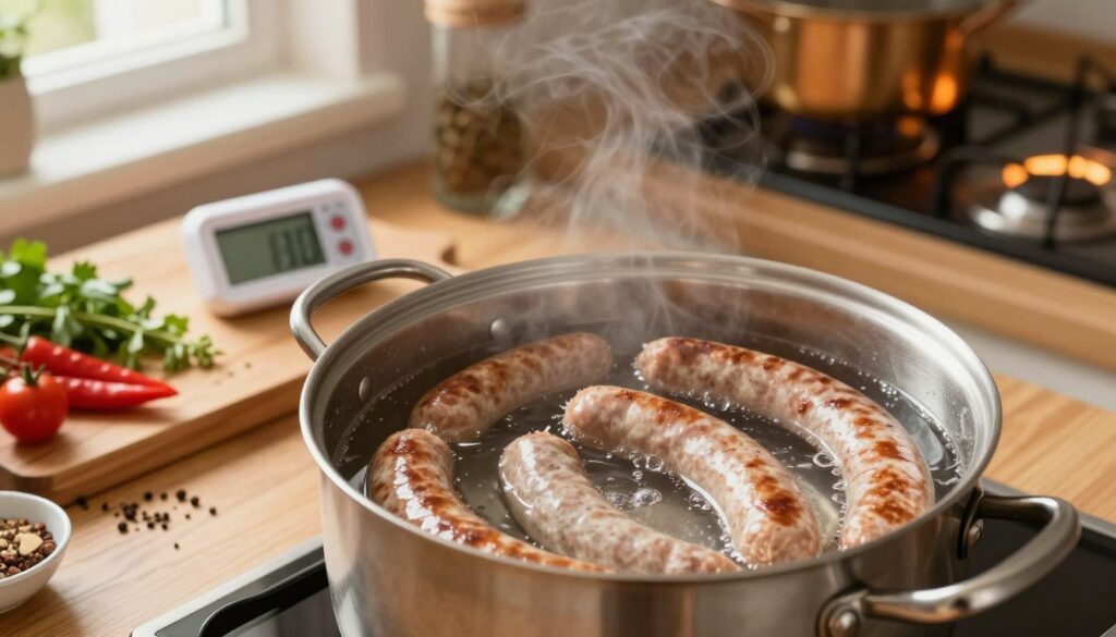 A detailed kitchen scene focused on the process of cooking sausage. In the foreground, a large pot of simmering water with sausages gently bobbing in it, showcasing different thicknesses and textures. The middle ground features a wooden table with spices and herbs neatly arranged, alongside a digital meat thermometer to signify temperature precision. In the background, a stove with warm, inviting lighting enhances the overall warmth of the scene. The mood is cozy and homely, conveying the art of cooking with care. Soft, natural light comes through a nearby window, creating a slight steam effect above the pot. The camera angle is slightly overhead, emphasizing the sausages in the pot while capturing the vibrant colors of the ingredients on the table. A detailed kitchen scene focused on the process of cooking sausage. In the foreground, a large pot of simmering water with sausages gently bobbing in it, showcasing different thicknesses and textures. The middle ground features a wooden table with spices and herbs neatly arranged, alongside a digital meat thermometer to signify temperature precision. In the background, a stove with warm, inviting lighting enhances the overall warmth of the scene. The mood is cozy and homely, conveying the art of cooking with care. Soft, natural light comes through a nearby window, creating a slight steam effect above the pot. The camera angle is slightly overhead, emphasizing the sausages in the pot while capturing the vibrant colors of the ingredients on the table.