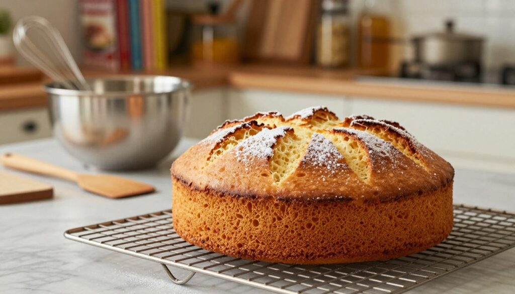 A freshly baked biszkopt cake rests on a cooling rack in the foreground, its golden-brown top slightly domed and perfectly risen. The texture appears airy and moist, with a light dusting of powdered sugar on top for a delicate touch. In the middle ground, a set of kitchen utensils — a mixing bowl, whisk, and spatula — are arranged neatly on a marble countertop, hinting at the baking process. The background showcases a cozy kitchen scene with warm, soft lighting that enhances the inviting atmosphere, featuring shelves lined with baking books and ingredients. The image captures an essence of home baking, promoting a sense of warmth and creativity. Use a soft focus with a shallow depth of field to emphasize the biszkopt in the foreground, creating a professional and inspiring visual. A freshly baked biszkopt cake rests on a cooling rack in the foreground, its golden-brown top slightly domed and perfectly risen. The texture appears airy and moist, with a light dusting of powdered sugar on top for a delicate touch. In the middle ground, a set of kitchen utensils — a mixing bowl, whisk, and spatula — are arranged neatly on a marble countertop, hinting at the baking process. The background showcases a cozy kitchen scene with warm, soft lighting that enhances the inviting atmosphere, featuring shelves lined with baking books and ingredients. The image captures an essence of home baking, promoting a sense of warmth and creativity. Use a soft focus with a shallow depth of field to emphasize the biszkopt in the foreground, creating a professional and inspiring visual.