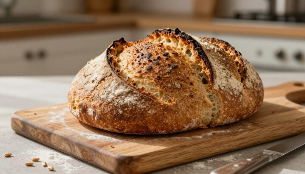 A freshly baked loaf of bread with a perfectly crispy crust sits prominently in the foreground, showcasing its deep golden-brown texture with scattered flour dust. The bread is sliced partially to reveal the soft, airy interior, contrasting beautifully with the crust. In the middle ground, a rustic wooden cutting board adds warmth, while a few scattered grains of flour and a sharp bread knife hint at the baking process. The background features a softly blurred kitchen setting with warm, natural lighting, casting gentle shadows that enhance the atmosphere of a cozy baking environment. The image conveys a sense of comfort and satisfaction, inviting viewers to appreciate the art of baking bread and the allure of a crunchy crust. A freshly baked loaf of bread with a perfectly crispy crust sits prominently in the foreground, showcasing its deep golden-brown texture with scattered flour dust. The bread is sliced partially to reveal the soft, airy interior, contrasting beautifully with the crust. In the middle ground, a rustic wooden cutting board adds warmth, while a few scattered grains of flour and a sharp bread knife hint at the baking process. The background features a softly blurred kitchen setting with warm, natural lighting, casting gentle shadows that enhance the atmosphere of a cozy baking environment. The image conveys a sense of comfort and satisfaction, inviting viewers to appreciate the art of baking bread and the allure of a crunchy crust.