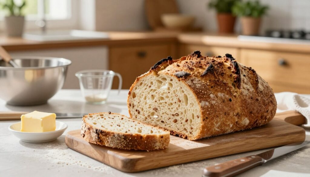 A freshly baked loaf of chleb razowy, showing a crisp, golden-brown crust with a beautifully textured surface and slight rustic imperfections. The bread is sliced to reveal its soft, moist, and dense interior, speckled with whole grains and seeds, emphasizing its hearty nature. In the foreground, a wooden cutting board holds the bread, with a small butter dish and a knife resting nearby. The middle ground features flour-dusted kitchen tools like a mixing bowl and measuring cups, hinting at the baking process. In the background, a sunlit kitchen with warm wooden cabinets and herbs in pots creates a cozy and inviting atmosphere. Soft, natural daylight pours in, casting gentle shadows to evoke a sense of warmth and homeliness, perfect for a baking adventure. A freshly baked loaf of chleb razowy, showing a crisp, golden-brown crust with a beautifully textured surface and slight rustic imperfections. The bread is sliced to reveal its soft, moist, and dense interior, speckled with whole grains and seeds, emphasizing its hearty nature. In the foreground, a wooden cutting board holds the bread, with a small butter dish and a knife resting nearby. The middle ground features flour-dusted kitchen tools like a mixing bowl and measuring cups, hinting at the baking process. In the background, a sunlit kitchen with warm wooden cabinets and herbs in pots creates a cozy and inviting atmosphere. Soft, natural daylight pours in, casting gentle shadows to evoke a sense of warmth and homeliness, perfect for a baking adventure.
