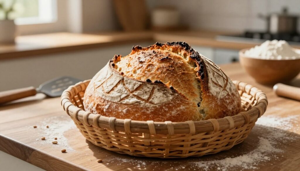 A freshly baked loaf of sourdough bread, beautifully crusty with a golden-brown, flaky exterior, sits in a rustic wooden breadbasket. The loaf features a deep, intricate scoring pattern on top, showcasing its artisan craftsmanship. Surrounding the bread, a few scattered grains of flour add to the authenticity. In the background, a cozy kitchen setting is softly lit, with warm sunlight streaming through a window, illuminating a wooden countertop where a vintage dough scraper and a bowl of flour rest. The atmosphere conveys a sense of warmth and comfort, perfect for highlighting the art of baking sourdough. Capture this scene from a slightly elevated angle to emphasize the texture of the crust and the inviting appeal of the bread. A freshly baked loaf of sourdough bread, beautifully crusty with a golden-brown, flaky exterior, sits in a rustic wooden breadbasket. The loaf features a deep, intricate scoring pattern on top, showcasing its artisan craftsmanship. Surrounding the bread, a few scattered grains of flour add to the authenticity. In the background, a cozy kitchen setting is softly lit, with warm sunlight streaming through a window, illuminating a wooden countertop where a vintage dough scraper and a bowl of flour rest. The atmosphere conveys a sense of warmth and comfort, perfect for highlighting the art of baking sourdough. Capture this scene from a slightly elevated angle to emphasize the texture of the crust and the inviting appeal of the bread.