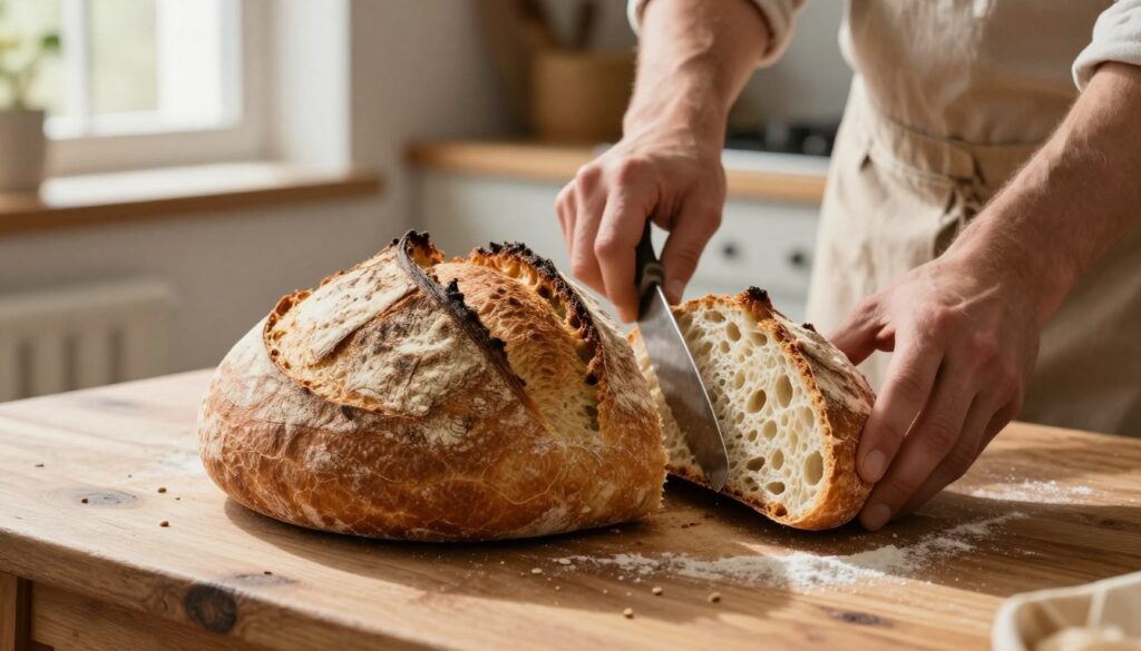A freshly baked loaf of sourdough bread, with a beautifully crusty, golden-brown exterior, sits on a rustic wooden table. The bread is round, showcasing its artisan texture with visible air pockets, hinting at its depth of flavor. In the foreground, a baker in modest casual attire is gently slicing a piece from the loaf, revealing the soft, airy, and slightly moist crumb inside. The background features a warm kitchen setting, with soft, natural lighting flooding through a nearby window, illuminating the scene and casting gentle shadows. A few scattered grains of flour lie on the table, adding to the homely atmosphere. The overall mood exudes warmth and comfort, perfect for illustrating the art of baking sourdough bread. A freshly baked loaf of sourdough bread, with a beautifully crusty, golden-brown exterior, sits on a rustic wooden table. The bread is round, showcasing its artisan texture with visible air pockets, hinting at its depth of flavor. In the foreground, a baker in modest casual attire is gently slicing a piece from the loaf, revealing the soft, airy, and slightly moist crumb inside. The background features a warm kitchen setting, with soft, natural lighting flooding through a nearby window, illuminating the scene and casting gentle shadows. A few scattered grains of flour lie on the table, adding to the homely atmosphere. The overall mood exudes warmth and comfort, perfect for illustrating the art of baking sourdough bread.