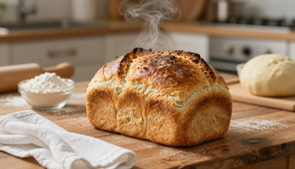 A freshly baked loaf of yeast bread, golden-brown and perfectly risen, sitting on a rustic wooden table. The bread has a glossy, crusty exterior, with steam gently rising from its warm surface. In the foreground, a clean white kitchen towel is partially draped over the table, adding softness to the scene. In the middle ground, ingredients such as flour, yeast, and a bowl of dough in progress are artistically arranged, hinting at the baking process. The background features a softly blurred kitchen environment with warm, inviting lighting, creating a cozy atmosphere. A subtle lens blur enhances the focus on the bread. The image evokes a sense of home and warmth, ideal for illustrating the step-by-step process of baking yeast bread.