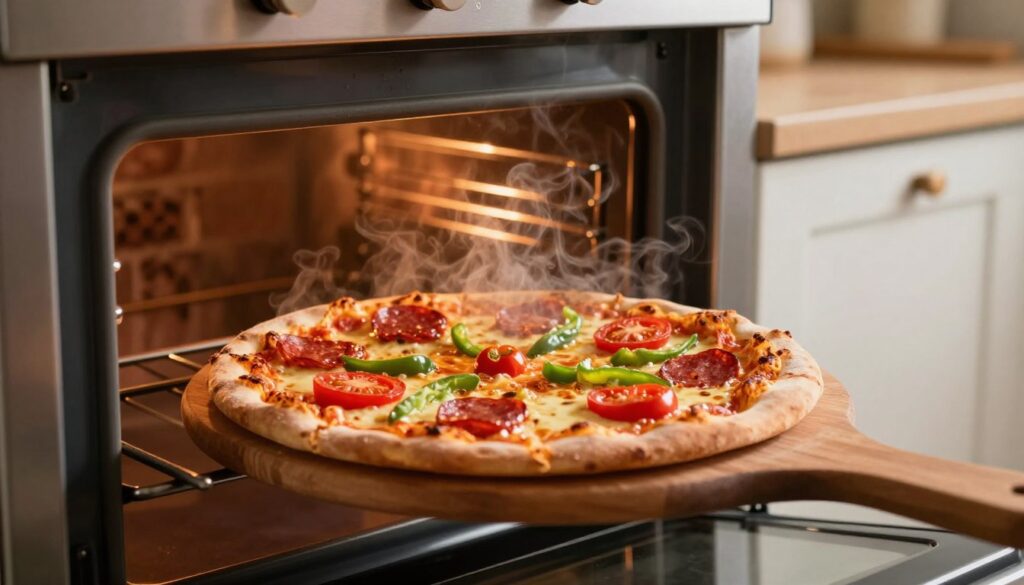 A freshly baked pizza is placed in a modern home oven, its golden crust perfectly crisp and bubbling with melted cheese. The toppings, including vibrant red tomatoes, green peppers, and slices of pepperoni, are artfully arranged and show signs of slight caramelization. The foreground captures the pizza on a wooden pizza peel, slightly pulling out of the oven, steam rising from its surface, inviting and delicious. The middle ground features an open oven door with glowing elements, revealing a brick oven interior. The background remains softly blurred to emphasize the pizza, with warm, ambient lighting casting a cozy glow throughout the kitchen. The atmosphere conveys a sense of warmth and home-cooked comfort, evoking the pleasure of baking. A freshly baked pizza is placed in a modern home oven, its golden crust perfectly crisp and bubbling with melted cheese. The toppings, including vibrant red tomatoes, green peppers, and slices of pepperoni, are artfully arranged and show signs of slight caramelization. The foreground captures the pizza on a wooden pizza peel, slightly pulling out of the oven, steam rising from its surface, inviting and delicious. The middle ground features an open oven door with glowing elements, revealing a brick oven interior. The background remains softly blurred to emphasize the pizza, with warm, ambient lighting casting a cozy glow throughout the kitchen. The atmosphere conveys a sense of warmth and home-cooked comfort, evoking the pleasure of baking.