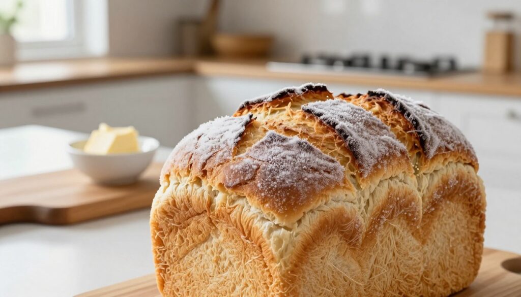 A frozen loaf of toast bread prominently displayed in the foreground, with frost crystals forming on its surface, showcasing its soft texture and golden crust. In the middle ground, a neatly organized kitchen setting with a wooden cutting board and a small bowl of butter, hinting at preparation for serving. The background features a modern kitchen with bright natural lighting filtering through a window, creating a warm and inviting atmosphere. The image should emphasize the freshness of the bread despite its frozen state, capturing the essence of quality and care in food storage. The angle is slightly overhead, providing a clear view of the bread and kitchen details, evoking a sense of home and culinary delight. A frozen loaf of toast bread prominently displayed in the foreground, with frost crystals forming on its surface, showcasing its soft texture and golden crust. In the middle ground, a neatly organized kitchen setting with a wooden cutting board and a small bowl of butter, hinting at preparation for serving. The background features a modern kitchen with bright natural lighting filtering through a window, creating a warm and inviting atmosphere. The image should emphasize the freshness of the bread despite its frozen state, capturing the essence of quality and care in food storage. The angle is slightly overhead, providing a clear view of the bread and kitchen details, evoking a sense of home and culinary delight.