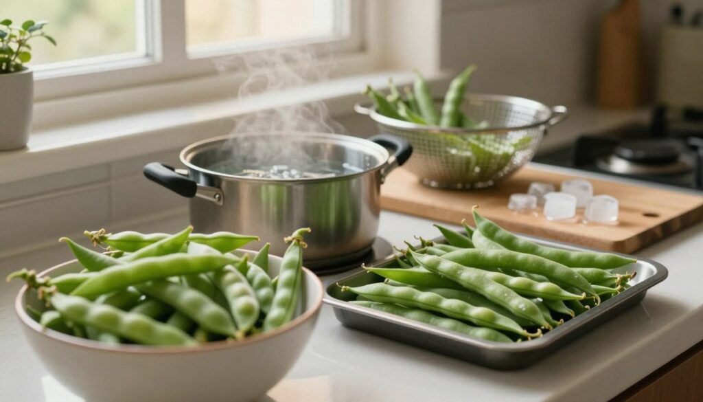 A kitchen countertop scene showcasing the common mistakes in freezing green beans. In the foreground, a bowl of fresh, vibrant green beans still in their pods, alongside a tray of blanched beans that have lost some color, emphasizing the difference. The middle section includes a small pot of boiling water and a colander, suggesting the blanching process, while a few ice cubes scattered on a cutting board depict improper freezing methods. In the background, a kitchen window softly lets in natural, warm light creating a cozy atmosphere. The overall mood is informative and homey, aiming to educate the viewer on best practices in a relatable environment. A kitchen countertop scene showcasing the common mistakes in freezing green beans. In the foreground, a bowl of fresh, vibrant green beans still in their pods, alongside a tray of blanched beans that have lost some color, emphasizing the difference. The middle section includes a small pot of boiling water and a colander, suggesting the blanching process, while a few ice cubes scattered on a cutting board depict improper freezing methods. In the background, a kitchen window softly lets in natural, warm light creating a cozy atmosphere. The overall mood is informative and homey, aiming to educate the viewer on best practices in a relatable environment.