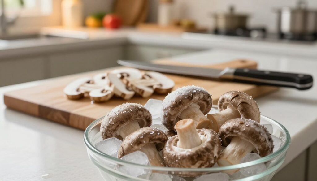 A kitchen countertop scene showcasing the process of defrosting mushrooms. In the foreground, a bowl of ice-covered, thawing mushrooms, with water droplets glistening on the surface, emphasizing freshness. In the middle, a chopping board with sliced, partially defrosted mushrooms, and a chef’s knife resting beside it. The background features a softly lit kitchen environment, with warm light illuminating the scene, creating a cozy and inviting atmosphere. Kitchen utensils and ingredients are subtly placed on shelves, enhancing the culinary theme. The lens perspective captures the details up close, focusing on the textures of the mushrooms and the cutting board, providing clarity and depth. This image reflects the methodical and hygienic approach to safely defrosting mushrooms. A kitchen countertop scene showcasing the process of defrosting mushrooms. In the foreground, a bowl of ice-covered, thawing mushrooms, with water droplets glistening on the surface, emphasizing freshness. In the middle, a chopping board with sliced, partially defrosted mushrooms, and a chef’s knife resting beside it. The background features a softly lit kitchen environment, with warm light illuminating the scene, creating a cozy and inviting atmosphere. Kitchen utensils and ingredients are subtly placed on shelves, enhancing the culinary theme. The lens perspective captures the details up close, focusing on the textures of the mushrooms and the cutting board, providing clarity and depth. This image reflects the methodical and hygienic approach to safely defrosting mushrooms.