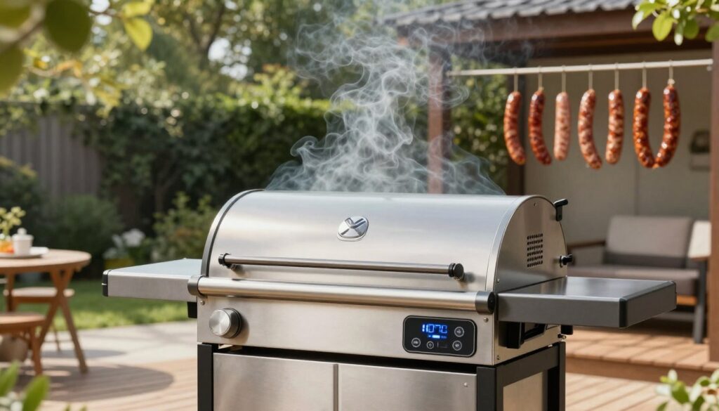 A modern electric smoker, elegantly designed and polished stainless steel, prominently displayed in a well-lit backyard setting. In the foreground, the smoker's digital control panel glows softly, showcasing its advanced technology. The middle ground features delicious, aromatic homemade sausages hanging inside the smoker, smoke wafting gently around them, implying the process of smoking. The background should include lush green trees and an inviting wooden deck to enhance the outdoor atmosphere. Natural sunlight filters through the leaves, creating a warm, inviting glow that suggests an enjoyable cooking experience. The overall mood conveys a sense of modern culinary craftsmanship and the joy of gourmet home cooking, emphasizing the user-friendly aspects of electric smokers. A modern electric smoker, elegantly designed and polished stainless steel, prominently displayed in a well-lit backyard setting. In the foreground, the smoker's digital control panel glows softly, showcasing its advanced technology. The middle ground features delicious, aromatic homemade sausages hanging inside the smoker, smoke wafting gently around them, implying the process of smoking. The background should include lush green trees and an inviting wooden deck to enhance the outdoor atmosphere. Natural sunlight filters through the leaves, creating a warm, inviting glow that suggests an enjoyable cooking experience. The overall mood conveys a sense of modern culinary craftsmanship and the joy of gourmet home cooking, emphasizing the user-friendly aspects of electric smokers.