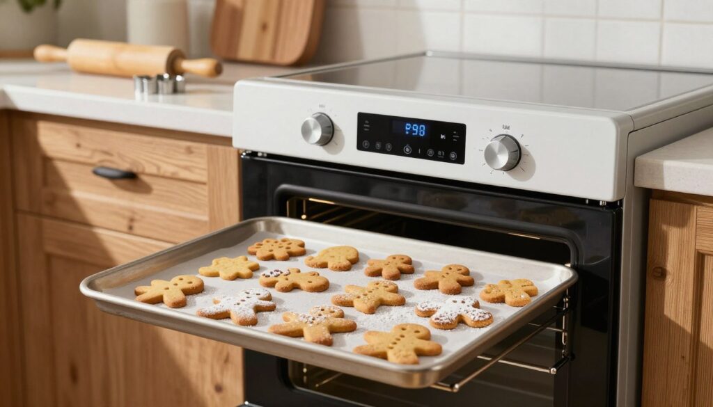 A modern kitchen scene featuring a baking oven with both conventional and convection settings, showcasing an array of freshly baked gingerbread cookies. In the foreground, focus on a tray of golden-brown cookies in various shapes, with a light dusting of powdered sugar. The middle ground features the oven's digital display indicating the perfect baking temperature, along with traditional baking utensils like rolling pins and cookie cutters. The background includes a rustic kitchen ambiance with wooden cabinets and warm lighting, exuding a cozy, inviting atmosphere. Soft shadows are cast around the scene, and the image has a bright, natural light feel, capturing the essence of baking with a focus on technique and precision. A modern kitchen scene featuring a baking oven with both conventional and convection settings, showcasing an array of freshly baked gingerbread cookies. In the foreground, focus on a tray of golden-brown cookies in various shapes, with a light dusting of powdered sugar. The middle ground features the oven's digital display indicating the perfect baking temperature, along with traditional baking utensils like rolling pins and cookie cutters. The background includes a rustic kitchen ambiance with wooden cabinets and warm lighting, exuding a cozy, inviting atmosphere. Soft shadows are cast around the scene, and the image has a bright, natural light feel, capturing the essence of baking with a focus on technique and precision.