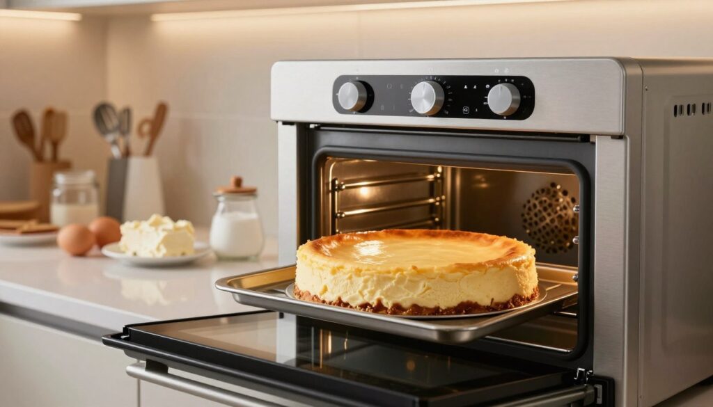 A modern kitchen scene featuring a high-end electric oven with clear dials, set to the baking mode ideal for cheesecake. The foreground shows the oven door slightly ajar, revealing a perfectly baked cheesecake with a smooth, golden-brown top without cracks. In the middle, display elegant kitchen utensils and ingredients like eggs, cream cheese, and sugar arranged neatly on a countertop, reflecting a clean and organized space. The background consists of stylish cabinetry and warm, ambient lighting that creates a cozy atmosphere. Use a soft focus lens to enhance the inviting mood and ensure the image captures the essence of preparing cheesecake with precision and care. A modern kitchen scene featuring a high-end electric oven with clear dials, set to the baking mode ideal for cheesecake. The foreground shows the oven door slightly ajar, revealing a perfectly baked cheesecake with a smooth, golden-brown top without cracks. In the middle, display elegant kitchen utensils and ingredients like eggs, cream cheese, and sugar arranged neatly on a countertop, reflecting a clean and organized space. The background consists of stylish cabinetry and warm, ambient lighting that creates a cozy atmosphere. Use a soft focus lens to enhance the inviting mood and ensure the image captures the essence of preparing cheesecake with precision and care.