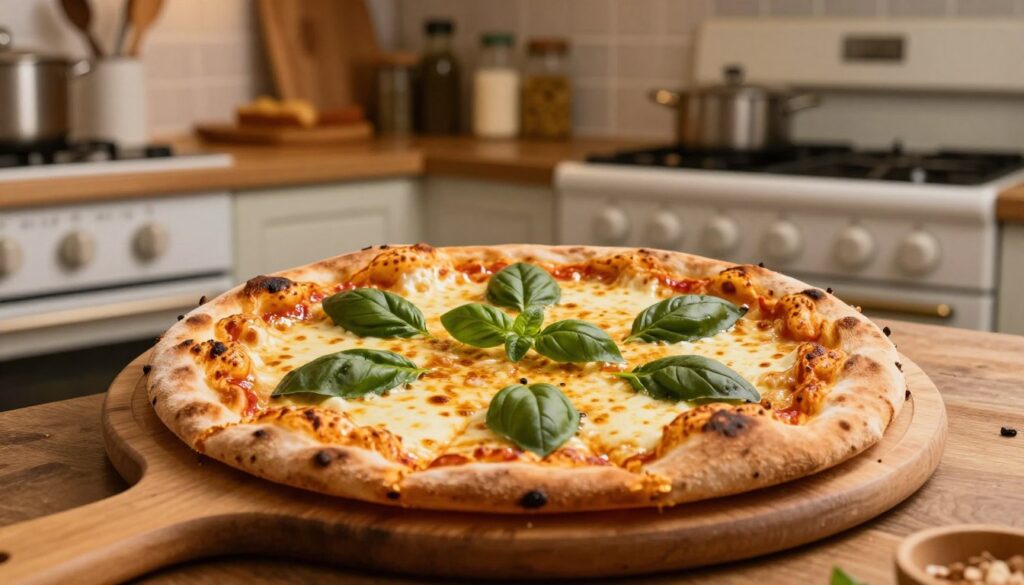 A perfectly baked pizza rests on a wooden pizza peel, golden brown and slightly charred at the edges. The cheese is bubbling and melted, creating a glossy surface, while fresh basil leaves adorn the top, adding a pop of green. In the background, a home kitchen setting is visible, with a traditional oven displaying a temperature dial set to 475°F (245°C). Warm, soft lighting casts a cozy ambiance, enhancing the appetizing color contrasts of the ingredients. The focus is sharp on the pizza, with a slight blur on the kitchen shelves in the background filled with cooking utensils and spices, creating an inviting atmosphere that encourages homemade cooking. The overall feel is warm and inviting, ideal for inspiring readers to bake their perfect pizza at home. A perfectly baked pizza rests on a wooden pizza peel, golden brown and slightly charred at the edges. The cheese is bubbling and melted, creating a glossy surface, while fresh basil leaves adorn the top, adding a pop of green. In the background, a home kitchen setting is visible, with a traditional oven displaying a temperature dial set to 475°F (245°C). Warm, soft lighting casts a cozy ambiance, enhancing the appetizing color contrasts of the ingredients. The focus is sharp on the pizza, with a slight blur on the kitchen shelves in the background filled with cooking utensils and spices, creating an inviting atmosphere that encourages homemade cooking. The overall feel is warm and inviting, ideal for inspiring readers to bake their perfect pizza at home.