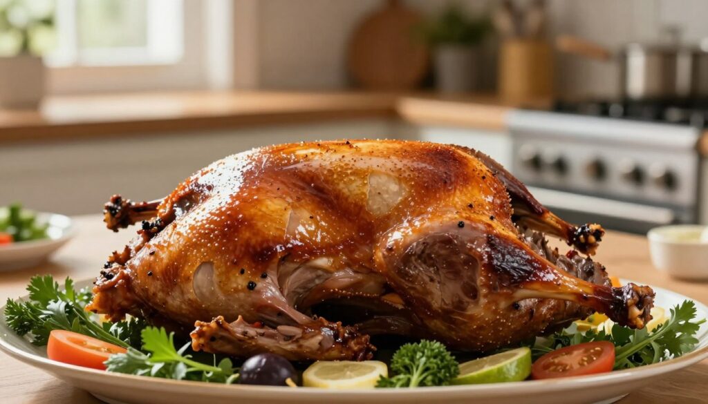 A perfectly roasted goose with a golden, crispy skin is the star of this image, displayed prominently in the foreground. The skin glistens with a shiny glaze, showing cracks and bubbles that hint at its crunchy texture. Juicy tender meat is subtly visible along the edges, inviting and succulent. In the middle, a finely arranged platter of fresh herbs and seasonal vegetables complements the dish, enhancing the rustic charm. The background features a softly blurred kitchen setting with warm wooden tones, evoking a cozy cooking atmosphere. Soft, natural lighting streams in from a window, creating highlights on the goose and casting gentle shadows, adding depth and warmth to the scene. The overall mood is inviting and homely, perfect for a culinary masterpiece. A perfectly roasted goose with a golden, crispy skin is the star of this image, displayed prominently in the foreground. The skin glistens with a shiny glaze, showing cracks and bubbles that hint at its crunchy texture. Juicy tender meat is subtly visible along the edges, inviting and succulent. In the middle, a finely arranged platter of fresh herbs and seasonal vegetables complements the dish, enhancing the rustic charm. The background features a softly blurred kitchen setting with warm wooden tones, evoking a cozy cooking atmosphere. Soft, natural lighting streams in from a window, creating highlights on the goose and casting gentle shadows, adding depth and warmth to the scene. The overall mood is inviting and homely, perfect for a culinary masterpiece.
