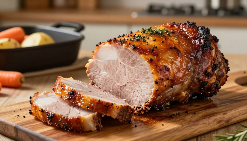 A perfectly roasted "karkówka" (pork neck) on a rustic wooden table, glistening with a rich, golden-brown, crispy skin that showcases its irresistible texture. The foreground features the succulent meat, sliced to reveal juicy, tender inside, with aromatic herbs sprinkled on top for added color. In the background, a softly lit kitchen setting provides warmth, with a hint of a roasting pan and some fresh vegetables like carrots and potatoes slightly blurred, creating an inviting atmosphere. The lighting is warm and soft, casting gentle shadows that enhance the natural colors of the dish, while the angle captures the food in an appetizing, immersive way, inviting viewers to savor the moment of deliciousness created by perfect cooking temperatures. A perfectly roasted "karkówka" (pork neck) on a rustic wooden table, glistening with a rich, golden-brown, crispy skin that showcases its irresistible texture. The foreground features the succulent meat, sliced to reveal juicy, tender inside, with aromatic herbs sprinkled on top for added color. In the background, a softly lit kitchen setting provides warmth, with a hint of a roasting pan and some fresh vegetables like carrots and potatoes slightly blurred, creating an inviting atmosphere. The lighting is warm and soft, casting gentle shadows that enhance the natural colors of the dish, while the angle captures the food in an appetizing, immersive way, inviting viewers to savor the moment of deliciousness created by perfect cooking temperatures.