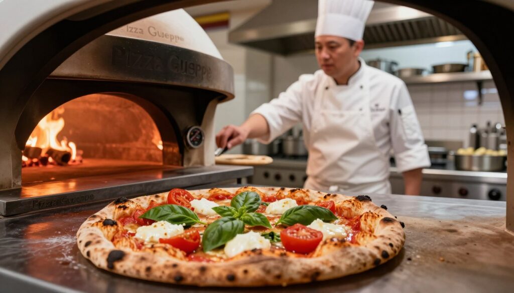 A pizza oven interior with a focus on "Pizza Guseppe" in the foreground, featuring a steaming, perfectly baked pizza with golden, slightly charred edges topped with fresh basil, mozzarella, and vibrant tomatoes. In the middle ground, a chef dressed in a crisp white apron and a professional chef hat is preparing the pizza, checking the oven's temperature gauge. The background showcases an organized kitchen with bright, warm lighting, emphasizing a cozy and inviting atmosphere. The angle is slightly tilted to provide depth, capturing the glowing embers of the oven. The scene exudes a feeling of excitement and anticipation, highlighting the process of creating a crisp, well-baked pizza. A pizza oven interior with a focus on "Pizza Guseppe" in the foreground, featuring a steaming, perfectly baked pizza with golden, slightly charred edges topped with fresh basil, mozzarella, and vibrant tomatoes. In the middle ground, a chef dressed in a crisp white apron and a professional chef hat is preparing the pizza, checking the oven's temperature gauge. The background showcases an organized kitchen with bright, warm lighting, emphasizing a cozy and inviting atmosphere. The angle is slightly tilted to provide depth, capturing the glowing embers of the oven. The scene exudes a feeling of excitement and anticipation, highlighting the process of creating a crisp, well-baked pizza.