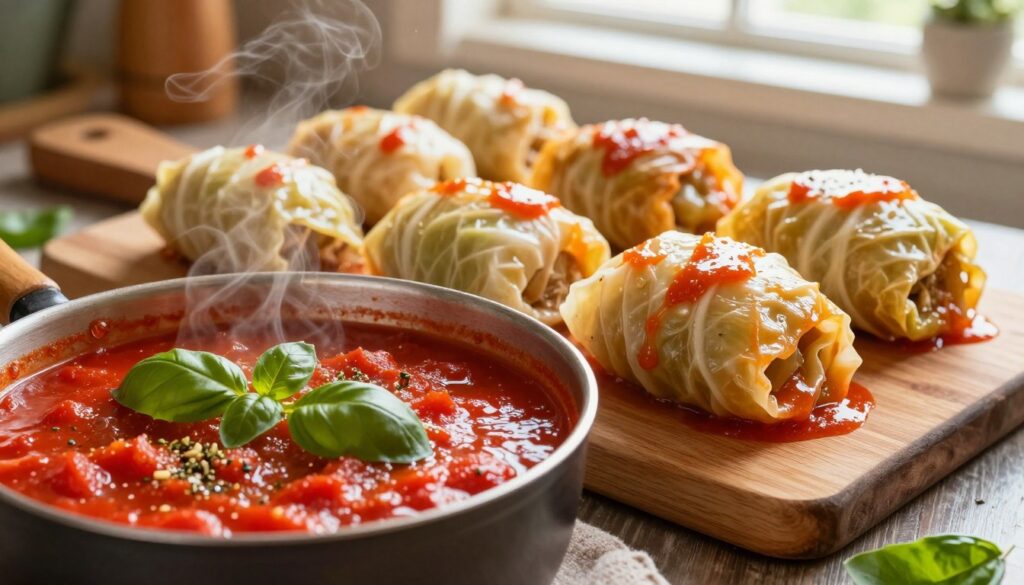 A rich, vibrant scene showcasing a freshly made tomato sauce specifically for stuffed cabbage rolls (gołąbki). In the foreground, a small, rustic saucepan bubbling with bright red tomato sauce, garnished with fresh basil leaves, and speckles of herbs adding texture. In the middle, steaming cabbage rolls await their sauce, arranged neatly on a wooden cutting board, their soft, tender leaves glistening. The background features a warm kitchen environment, with sunlight streaming through a window, creating a cozy and inviting atmosphere. The scene is captured from a slightly elevated angle, with soft focus on the background to emphasize the delicious components in the foreground. The overall mood is homey and comforting, evoking the joy of traditional cooking. A rich, vibrant scene showcasing a freshly made tomato sauce specifically for stuffed cabbage rolls (gołąbki). In the foreground, a small, rustic saucepan bubbling with bright red tomato sauce, garnished with fresh basil leaves, and speckles of herbs adding texture. In the middle, steaming cabbage rolls await their sauce, arranged neatly on a wooden cutting board, their soft, tender leaves glistening. The background features a warm kitchen environment, with sunlight streaming through a window, creating a cozy and inviting atmosphere. The scene is captured from a slightly elevated angle, with soft focus on the background to emphasize the delicious components in the foreground. The overall mood is homey and comforting, evoking the joy of traditional cooking.