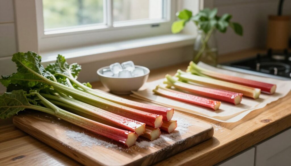 A rustic kitchen countertop scene featuring fresh, vibrant rhubarb stalks being prepped for freezing. In the foreground, a wooden cutting board displays cut rhubarb pieces, glistening, with a dusting of powdered sugar around them, indicating a sweet dessert preparation. In the middle, a small bowl holds some ice cubes, while a stack of parchment paper awaits the rhubarb, ready to be laid out for freezing. The background showcases natural light streaming in through a large window, illuminating the cozy kitchen ambiance with soft shadows. A few leafy green plants on the windowsill add freshness. The overall mood is inviting and warm, embodying a sense of home cooking and preservation. The camera angle is slightly overhead, capturing the arrangement beautifully without any distractions. A rustic kitchen countertop scene featuring fresh, vibrant rhubarb stalks being prepped for freezing. In the foreground, a wooden cutting board displays cut rhubarb pieces, glistening, with a dusting of powdered sugar around them, indicating a sweet dessert preparation. In the middle, a small bowl holds some ice cubes, while a stack of parchment paper awaits the rhubarb, ready to be laid out for freezing. The background showcases natural light streaming in through a large window, illuminating the cozy kitchen ambiance with soft shadows. A few leafy green plants on the windowsill add freshness. The overall mood is inviting and warm, embodying a sense of home cooking and preservation. The camera angle is slightly overhead, capturing the arrangement beautifully without any distractions.