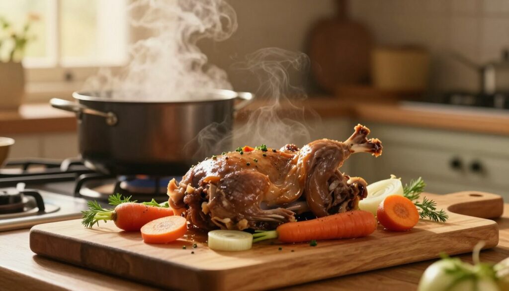 A rustic kitchen scene featuring a tender, braised rabbit dish as the focal point. In the foreground, the rabbit is artfully arranged on a wooden cutting board, surrounded by vibrant vegetables like carrots, onions, and herbs, showcasing the fresh ingredients used for braising. The middle ground includes a simmering pot on a stove, with steam gently rising to emphasize the cooking process and intimate atmosphere. Soft, warm lighting filters through a nearby window, casting a golden glow over the entire scene, while a blurred, cozy kitchen backdrop suggests a homey environment. The mood is inviting and delectable, capturing the essence of slow-cooked comfort food. A rustic kitchen scene featuring a tender, braised rabbit dish as the focal point. In the foreground, the rabbit is artfully arranged on a wooden cutting board, surrounded by vibrant vegetables like carrots, onions, and herbs, showcasing the fresh ingredients used for braising. The middle ground includes a simmering pot on a stove, with steam gently rising to emphasize the cooking process and intimate atmosphere. Soft, warm lighting filters through a nearby window, casting a golden glow over the entire scene, while a blurred, cozy kitchen backdrop suggests a homey environment. The mood is inviting and delectable, capturing the essence of slow-cooked comfort food.
