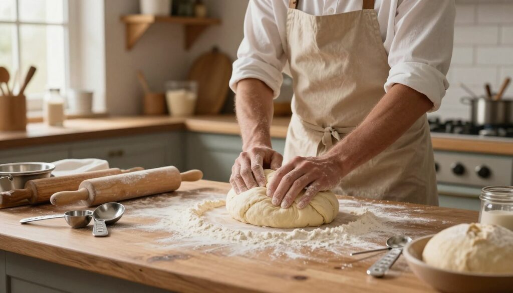 A rustic kitchen scene focused on the art of bread-making, featuring an elegantly arranged wooden countertop with a large bowl of dough in the foreground. Surrounding the bowl, a dusting of flour adds texture, while nearby, a rolling pin and a set of measuring spoons provide a sense of preparation. In the middle ground, a baker, dressed in a simple yet professional apron and shirt, kneads the dough, their hands skillfully folding the mixture as they concentrate. In the background, warm light filters through a window, illuminating shelves filled with baking ingredients and tools. The overall mood is inviting and warm, suggesting a cozy, homely atmosphere perfect for creating delicious, high-rising yeast bread. The image captures the essence of kneading and proofing techniques, inviting viewers to dive into the process.