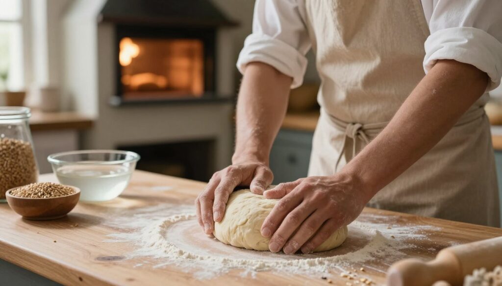 A rustic kitchen scene focusing on the art of bread dough preparation. In the foreground, a pair of hands gently kneading soft, textured spelt dough on a wooden countertop, with flour lightly dusted around. The middle ground shows an artisan baker, wearing a modest apron, skillfully shaping the dough into a round loaf. Various ingredients like whole grains and a bowl of water can be seen nearby. In the background, a warm, inviting oven radiates golden light, hinting at the baking process. The atmosphere is cozy and homely, with soft, diffused natural lighting coming from a nearby window, casting gentle shadows. The composition captures the essence of essential techniques in dough preparation and fermentation. A rustic kitchen scene focusing on the art of bread dough preparation. In the foreground, a pair of hands gently kneading soft, textured spelt dough on a wooden countertop, with flour lightly dusted around. The middle ground shows an artisan baker, wearing a modest apron, skillfully shaping the dough into a round loaf. Various ingredients like whole grains and a bowl of water can be seen nearby. In the background, a warm, inviting oven radiates golden light, hinting at the baking process. The atmosphere is cozy and homely, with soft, diffused natural lighting coming from a nearby window, casting gentle shadows. The composition captures the essence of essential techniques in dough preparation and fermentation.