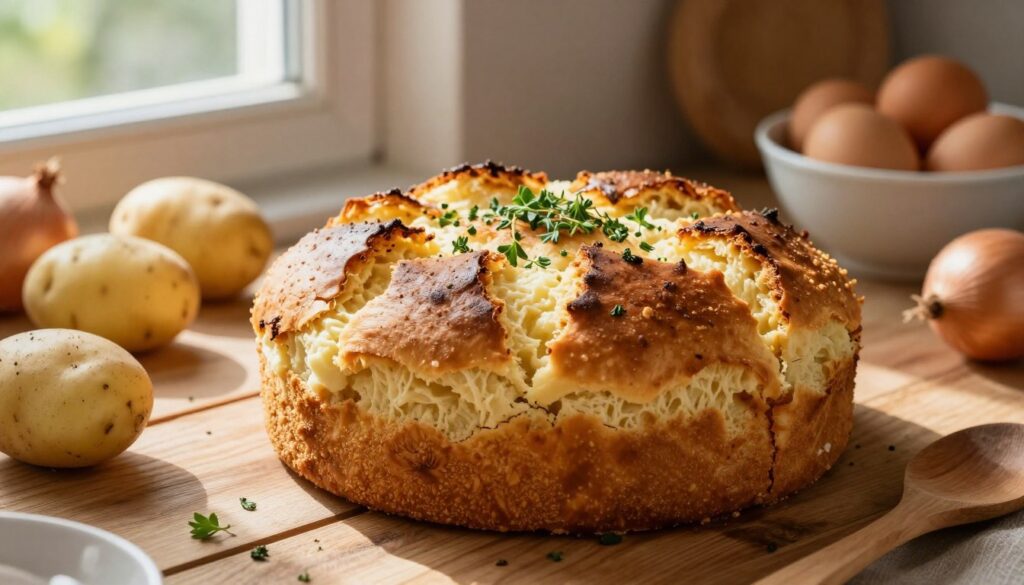 A rustic kitchen scene showcasing a golden-brown "babka ziemniaczana" placed on a wooden table. The babka is slightly cracked on top, revealing a fluffy, soft interior, with a sprinkle of fresh herbs on top for a touch of color. Surrounding the babka are traditional ingredients like potatoes, onions, and a bowl of eggs, symbolizing essential components for authentic flavor. Natural daylight streams through a nearby window, casting soft shadows and highlighting the textures of the dish. In the background, there are subtle hints of rustic kitchen tools like a mixing bowl and a wooden spoon, enhancing the homey atmosphere. The overall mood is warm and inviting, emphasizing the comforting nature of this traditional dish. A rustic kitchen scene showcasing a golden-brown "babka ziemniaczana" placed on a wooden table. The babka is slightly cracked on top, revealing a fluffy, soft interior, with a sprinkle of fresh herbs on top for a touch of color. Surrounding the babka are traditional ingredients like potatoes, onions, and a bowl of eggs, symbolizing essential components for authentic flavor. Natural daylight streams through a nearby window, casting soft shadows and highlighting the textures of the dish. In the background, there are subtle hints of rustic kitchen tools like a mixing bowl and a wooden spoon, enhancing the homey atmosphere. The overall mood is warm and inviting, emphasizing the comforting nature of this traditional dish.