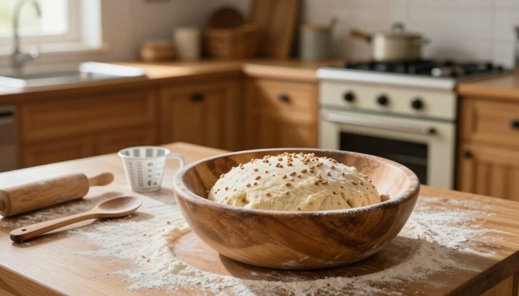 A rustic kitchen scene showcasing the preparation of bread dough, emphasizing a "no-knead" method. In the foreground, a large wooden bowl filled with a thick, sticky dough speckled with whole grains sits on a flour-dusted countertop. Various baking tools, such as a wooden spoon and measuring cups, are neatly arranged around. The middle ground features a cozy, sunlit kitchen with warm wooden cabinetry and a vintage oven in the background. Soft, natural light filters through a nearby window, highlighting the texture of the dough and the surrounding flour. The atmosphere evokes a feeling of warmth and homey simplicity, inviting viewers to embrace the art of bread-making. A rustic kitchen scene showcasing the preparation of bread dough, emphasizing a "no-knead" method. In the foreground, a large wooden bowl filled with a thick, sticky dough speckled with whole grains sits on a flour-dusted countertop. Various baking tools, such as a wooden spoon and measuring cups, are neatly arranged around. The middle ground features a cozy, sunlit kitchen with warm wooden cabinetry and a vintage oven in the background. Soft, natural light filters through a nearby window, highlighting the texture of the dough and the surrounding flour. The atmosphere evokes a feeling of warmth and homey simplicity, inviting viewers to embrace the art of bread-making.