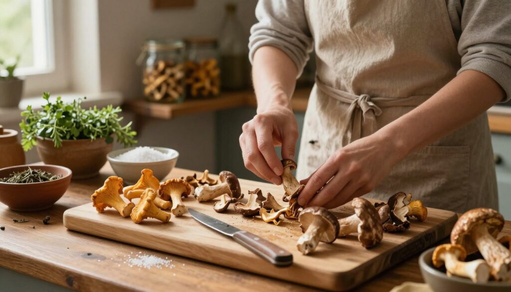 A rustic kitchen scene showcasing the preparation of mushrooms for drying. In the foreground, a wooden cutting board displays fresh, assorted wild mushrooms, such as chanterelles and porcini, alongside a sharp knife. In the middle, a person wearing a modest apron expertly cleans the mushrooms, their face focused and intent, surrounded by bowls of salt and herbs. The background reveals shelves of dry herbs and glass jars, hinting at a warm, homey atmosphere. Soft, natural light filters through a nearby window, casting gentle shadows that evoke a sense of tranquility. The scene captures the essence of careful preparation, emphasizing the importance of maintaining the mushrooms' aroma during the drying process. A rustic kitchen scene showcasing the preparation of mushrooms for drying. In the foreground, a wooden cutting board displays fresh, assorted wild mushrooms, such as chanterelles and porcini, alongside a sharp knife. In the middle, a person wearing a modest apron expertly cleans the mushrooms, their face focused and intent, surrounded by bowls of salt and herbs. The background reveals shelves of dry herbs and glass jars, hinting at a warm, homey atmosphere. Soft, natural light filters through a nearby window, casting gentle shadows that evoke a sense of tranquility. The scene captures the essence of careful preparation, emphasizing the importance of maintaining the mushrooms' aroma during the drying process.