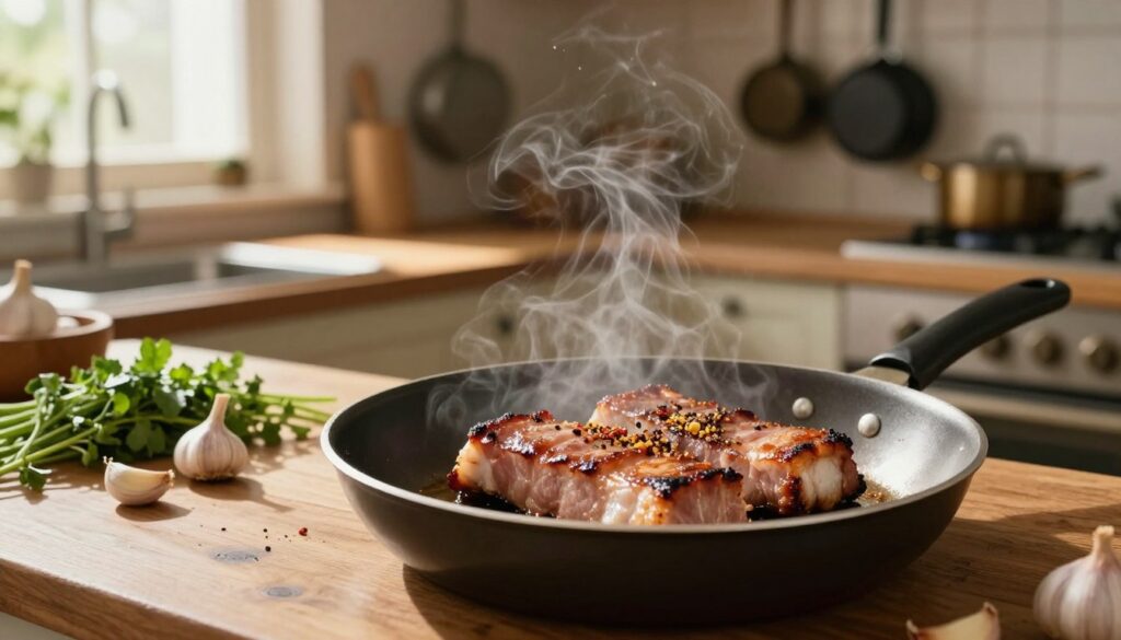 A rustic kitchen setting, focusing on a frying pan with succulent pork neck sizzling over medium heat. The foreground features the glistening meat, browning perfectly, with a sprinkling of aromatic spices visible on top. In the middle, a wooden countertop displays fresh herbs and garlic cloves, enhancing the cooking atmosphere. The background showcases a warm, softly lit kitchen, with wooden cabinets and hanging pots reflecting the ambiance of home-cooking. Natural sunlight filters through a nearby window, creating warm highlights and shadows, while steam rises invitingly from the pan, conveying a sense of mouthwatering anticipation. The mood is cozy and inviting, ideal for a home-cooked meal preparation. A rustic kitchen setting, focusing on a frying pan with succulent pork neck sizzling over medium heat. The foreground features the glistening meat, browning perfectly, with a sprinkling of aromatic spices visible on top. In the middle, a wooden countertop displays fresh herbs and garlic cloves, enhancing the cooking atmosphere. The background showcases a warm, softly lit kitchen, with wooden cabinets and hanging pots reflecting the ambiance of home-cooking. Natural sunlight filters through a nearby window, creating warm highlights and shadows, while steam rises invitingly from the pan, conveying a sense of mouthwatering anticipation. The mood is cozy and inviting, ideal for a home-cooked meal preparation.