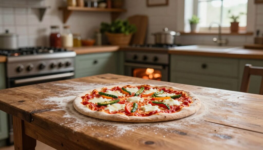 A rustic wooden table set in a cozy, warmly lit kitchen serves as the foreground, showcasing a traditional pizza stone with a fresh, uncooked pizza placed on it. The pizza features vibrant toppings such as rich tomato sauce, melted mozzarella cheese, and colorful vegetables. In the middle ground, a faint glow from an oven radiates warmth, hinting at high temperatures for baking. The background captures a vintage kitchen ambiance with wooden shelves adorned with spices and herbs, and a window allowing soft, natural light to filter in, enhancing the inviting atmosphere. The scene conveys a sense of homeliness and culinary passion, perfect for illustrating pizza-making techniques focused on achieving a crisp crust and melted cheese. A rustic wooden table set in a cozy, warmly lit kitchen serves as the foreground, showcasing a traditional pizza stone with a fresh, uncooked pizza placed on it. The pizza features vibrant toppings such as rich tomato sauce, melted mozzarella cheese, and colorful vegetables. In the middle ground, a faint glow from an oven radiates warmth, hinting at high temperatures for baking. The background captures a vintage kitchen ambiance with wooden shelves adorned with spices and herbs, and a window allowing soft, natural light to filter in, enhancing the inviting atmosphere. The scene conveys a sense of homeliness and culinary passion, perfect for illustrating pizza-making techniques focused on achieving a crisp crust and melted cheese.