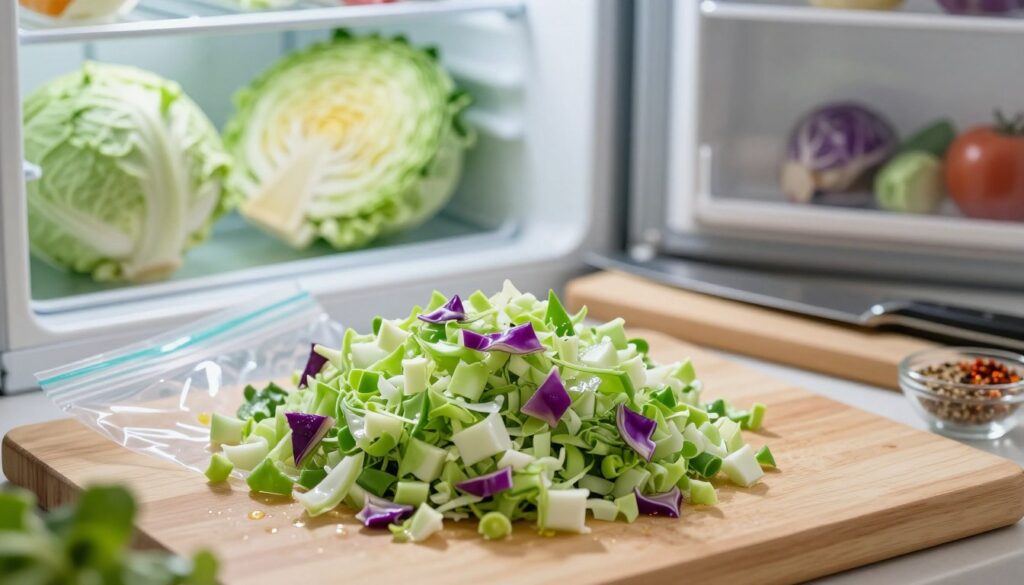 A serene kitchen scene focused on the process of freezing cabbage. In the foreground, a freshly chopped pile of vibrant green and purple cabbage, glistening with moisture, is placed beside a set of clear freezer bags. In the middle ground, a wooden cutting board with a sharp knife and a bowl of spices is visible, hinting at the preparation for freezing. The background features a well-organized freezer with other vegetables and a frosty atmosphere, suggesting low temperatures. The lighting is soft and natural, filtering in from a nearby window, creating a warm, inviting atmosphere. The overall mood conveys the transition of food preservation methods, emphasizing health benefits and culinary care.