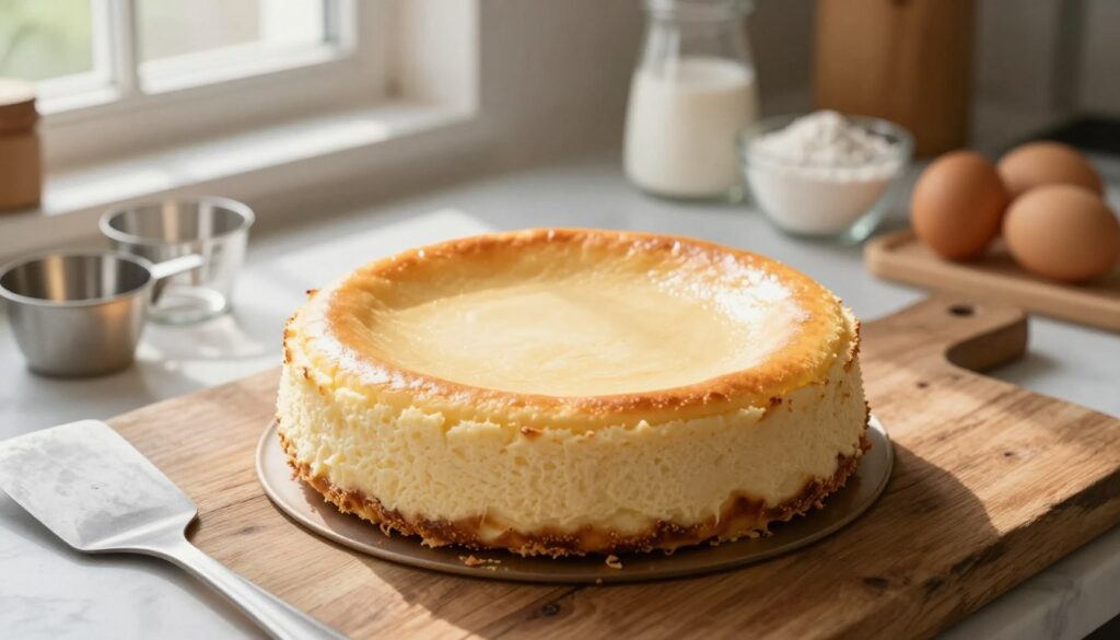 A serene kitchen scene showcasing a beautifully baked cheesecake set on a rustic wooden table. The cheesecake is golden brown, smooth, and perfectly round, displaying its uniform texture. Surrounding the cheesecake are essential baking tools: a spatula, measuring cups, and eggs on a marble countertop. Soft, diffused natural light filters through a nearby window, illuminating the cheesecake and casting gentle shadows. In the background, ingredients like flour and sugar are neatly arranged, emphasizing a clean and organized workspace. The atmosphere exudes warmth and professionalism, encouraging creativity in baking. No people are present; the focus is entirely on the cheesecake and the inviting kitchen environment. A serene kitchen scene showcasing a beautifully baked cheesecake set on a rustic wooden table. The cheesecake is golden brown, smooth, and perfectly round, displaying its uniform texture. Surrounding the cheesecake are essential baking tools: a spatula, measuring cups, and eggs on a marble countertop. Soft, diffused natural light filters through a nearby window, illuminating the cheesecake and casting gentle shadows. In the background, ingredients like flour and sugar are neatly arranged, emphasizing a clean and organized workspace. The atmosphere exudes warmth and professionalism, encouraging creativity in baking. No people are present; the focus is entirely on the cheesecake and the inviting kitchen environment.