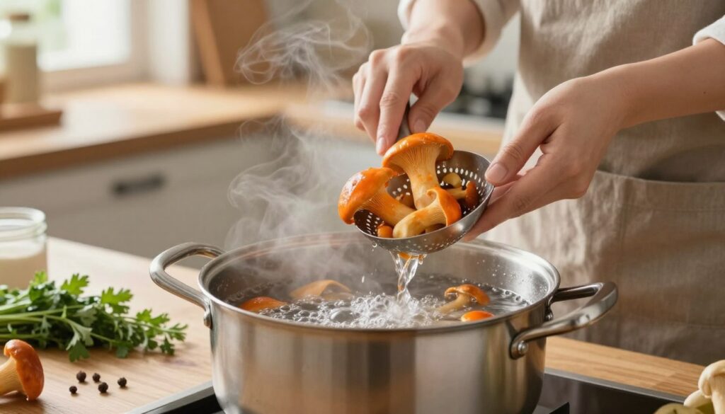 A serene kitchen setting with a focus on the process of blanching saffron milk cap mushrooms (rydz). In the foreground, a pot of boiling water bubbles, steam rising gracefully into the air. In the middle, a person, dressed in a modest apron, carefully places vibrant orange mushrooms into the pot using a slotted spoon, showcasing their smooth texture and color. Surrounding them are fresh herbs and spices on a wooden countertop, while in the background, soft natural light filters through a window, illuminating the kitchen space and creating a warm, inviting atmosphere. The image emphasizes the importance of this cooking technique, illustrating the key stage of blanching in food preparation. A serene kitchen setting with a focus on the process of blanching saffron milk cap mushrooms (rydz). In the foreground, a pot of boiling water bubbles, steam rising gracefully into the air. In the middle, a person, dressed in a modest apron, carefully places vibrant orange mushrooms into the pot using a slotted spoon, showcasing their smooth texture and color. Surrounding them are fresh herbs and spices on a wooden countertop, while in the background, soft natural light filters through a window, illuminating the kitchen space and creating a warm, inviting atmosphere. The image emphasizes the importance of this cooking technique, illustrating the key stage of blanching in food preparation.
